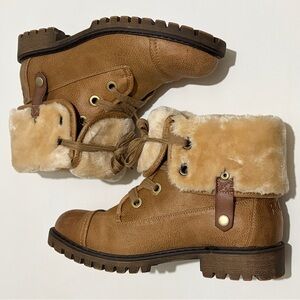 Roxy Tan Lace-Up Faux Fur Cuff Boots